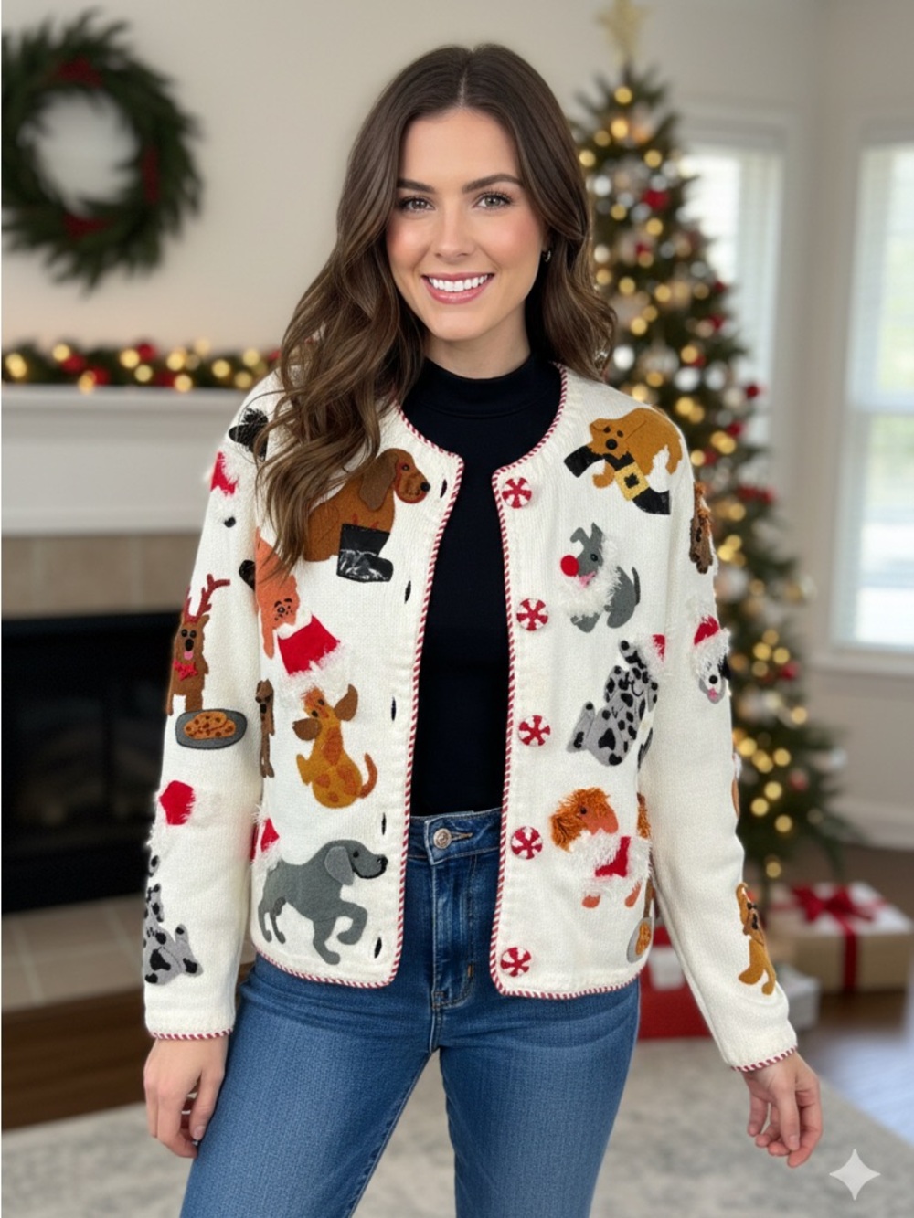 Michael Simon New York Christmas Dog Puppy Cardigan  VTG ART Ungly Sweater Small